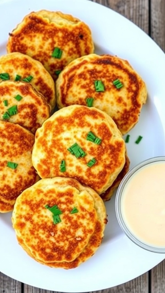 Simple 4-Ingredient Salmon Patties Recipe Crispy salmon patties on a plate with herbs and dipping sauce.